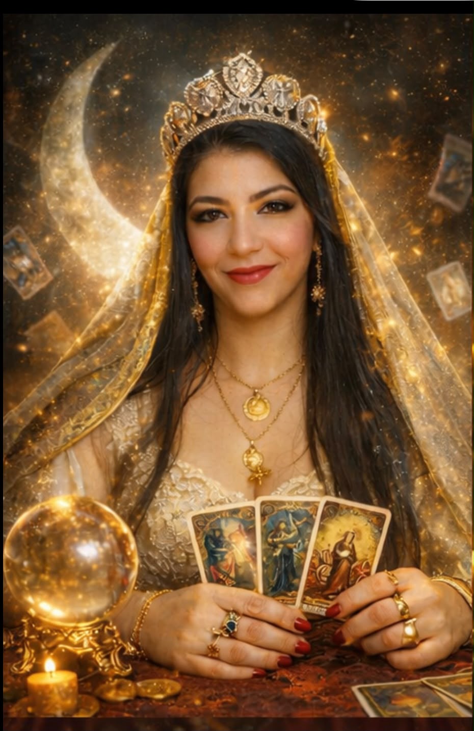 Médium Marcela em leitura de tarô com bola de cristal