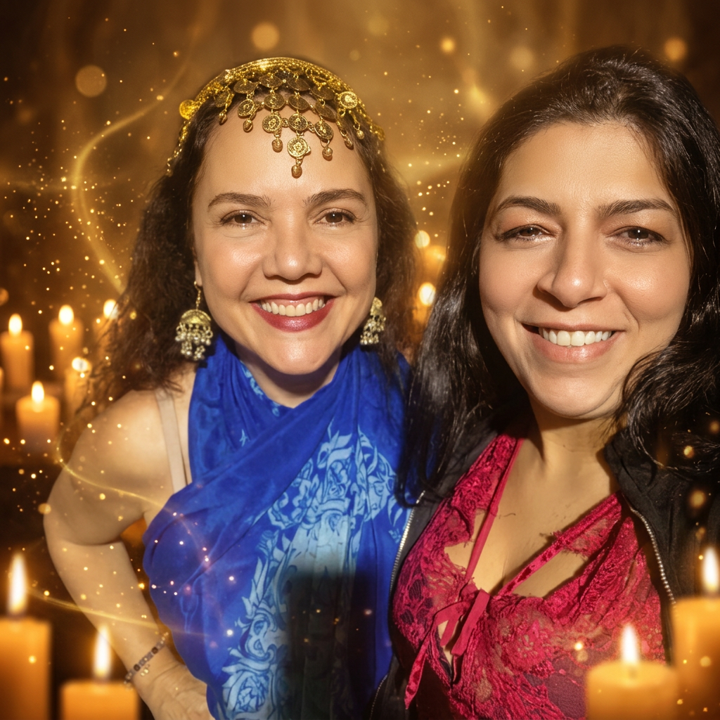 Médium Marcela em celebração espiritual com velas douradas